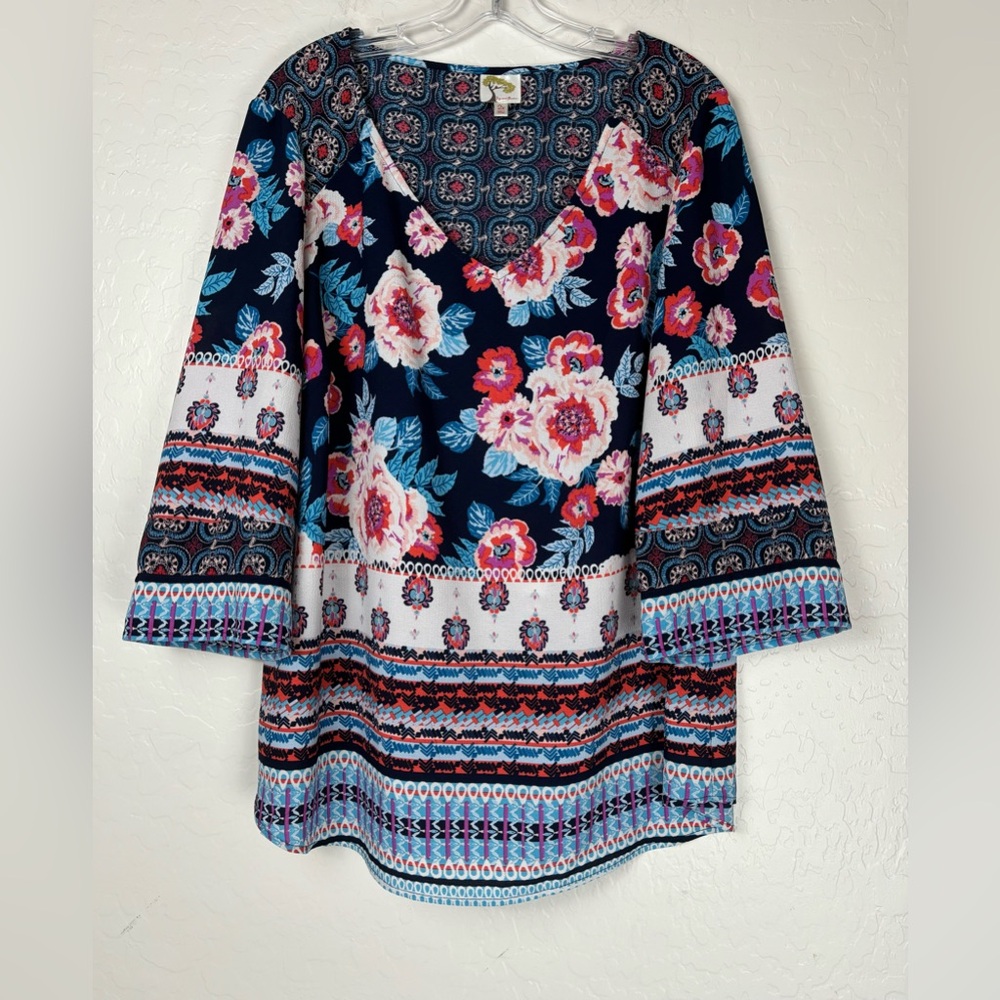 FIG & FLOWER Pullover Tunic Top Floral 3/4 Sleeve Mixed Print Blue 2X Boho 0079